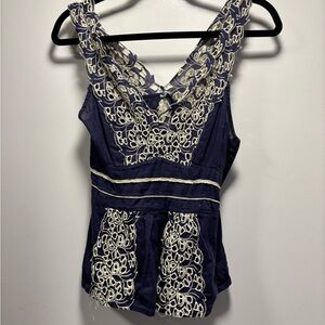 Elegant Navy Blue Lace Trimmed Women's Top